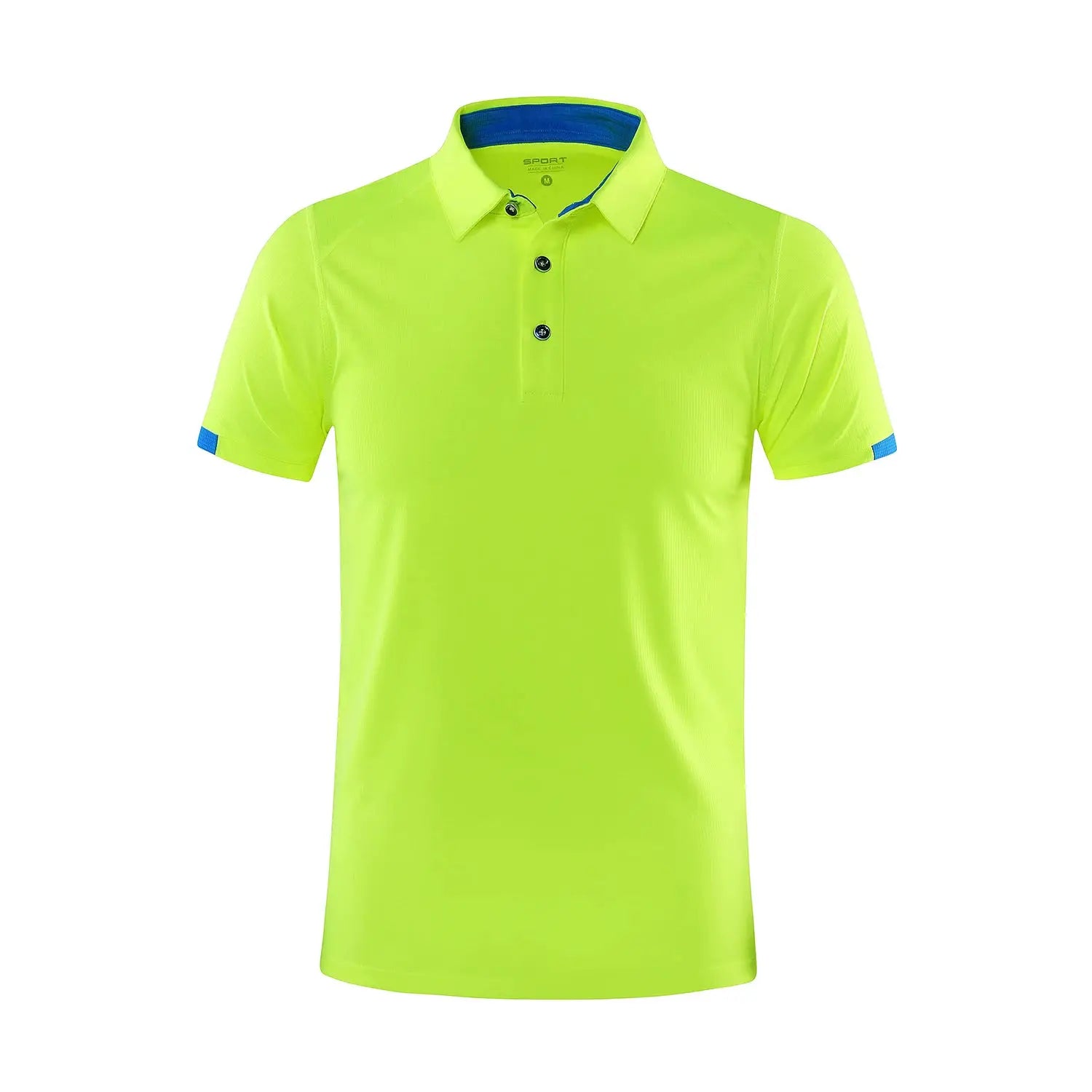 Polo shirt neon lime short-sleeve with blue collar trim and sleeve accents; quick-dry breathable golf jersey