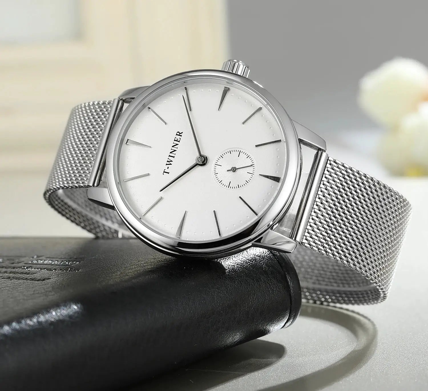 WINNER men's wristwatch with silver mesh strap, white dial and small seconds subdial