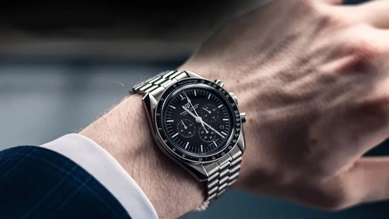 Pagani Design 500 Speedometer chronograph watch on stainless steel bracelet with black dial