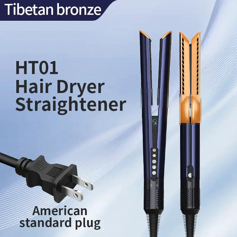 HT01 hair straightener and dryer, two dark-blue units with gold plates; American plug