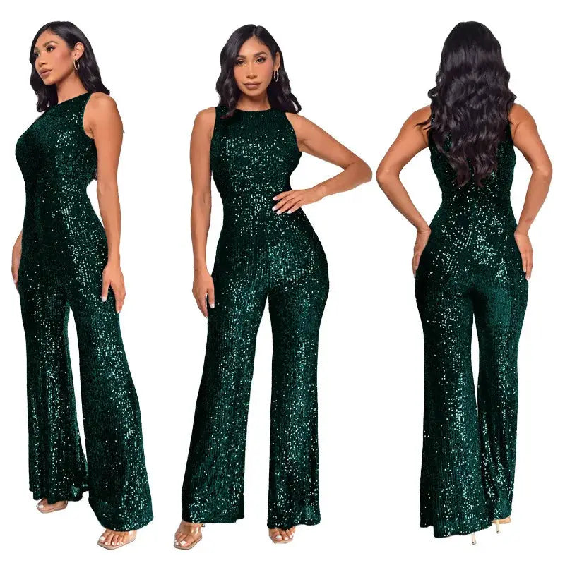 Green sequin jumpsuit for women, sleeveless, high-waisted, fitted with wide legs