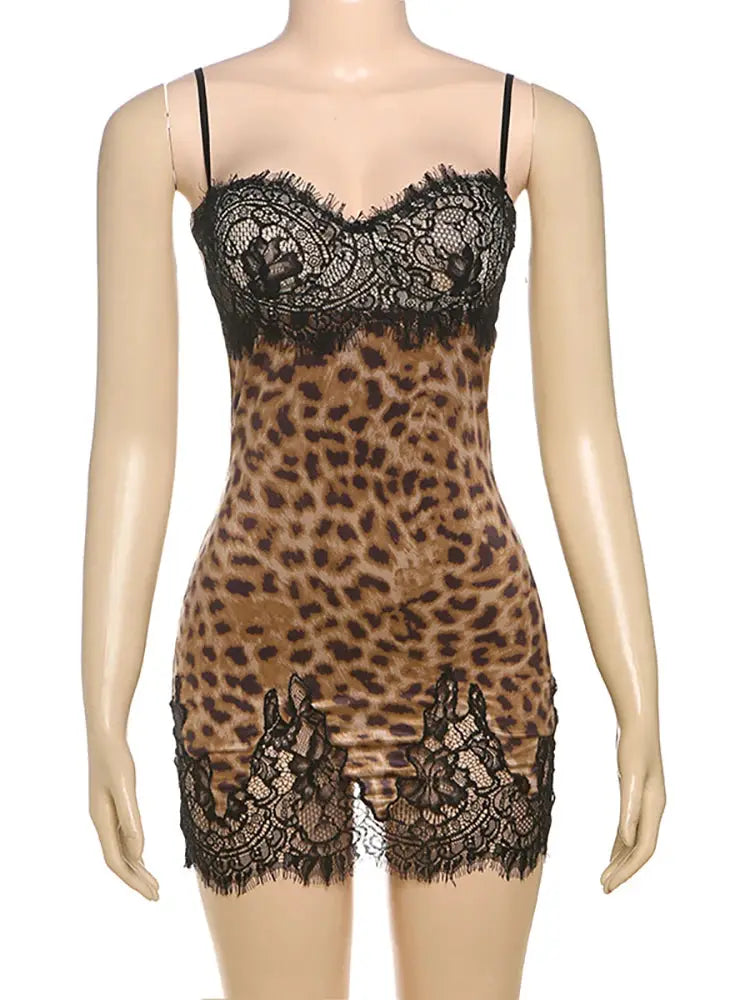 Julissa Mo Leopard Lace Mini Dress Spaghetti Strap High Waist Women