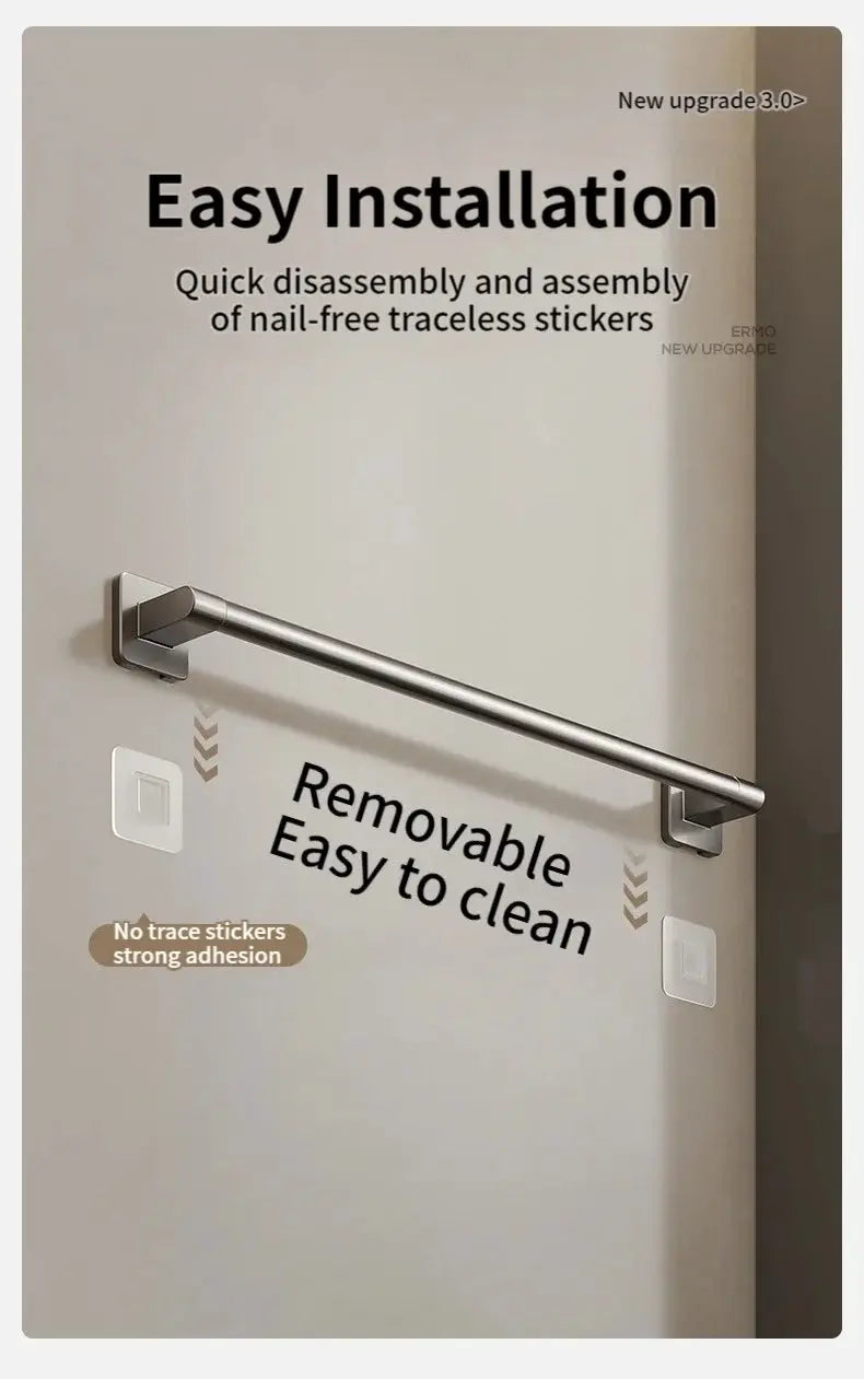 Bathroom towel bar by Simples Market; stainless steel, easy-install with removable adhesive mounts, wall-mounted.