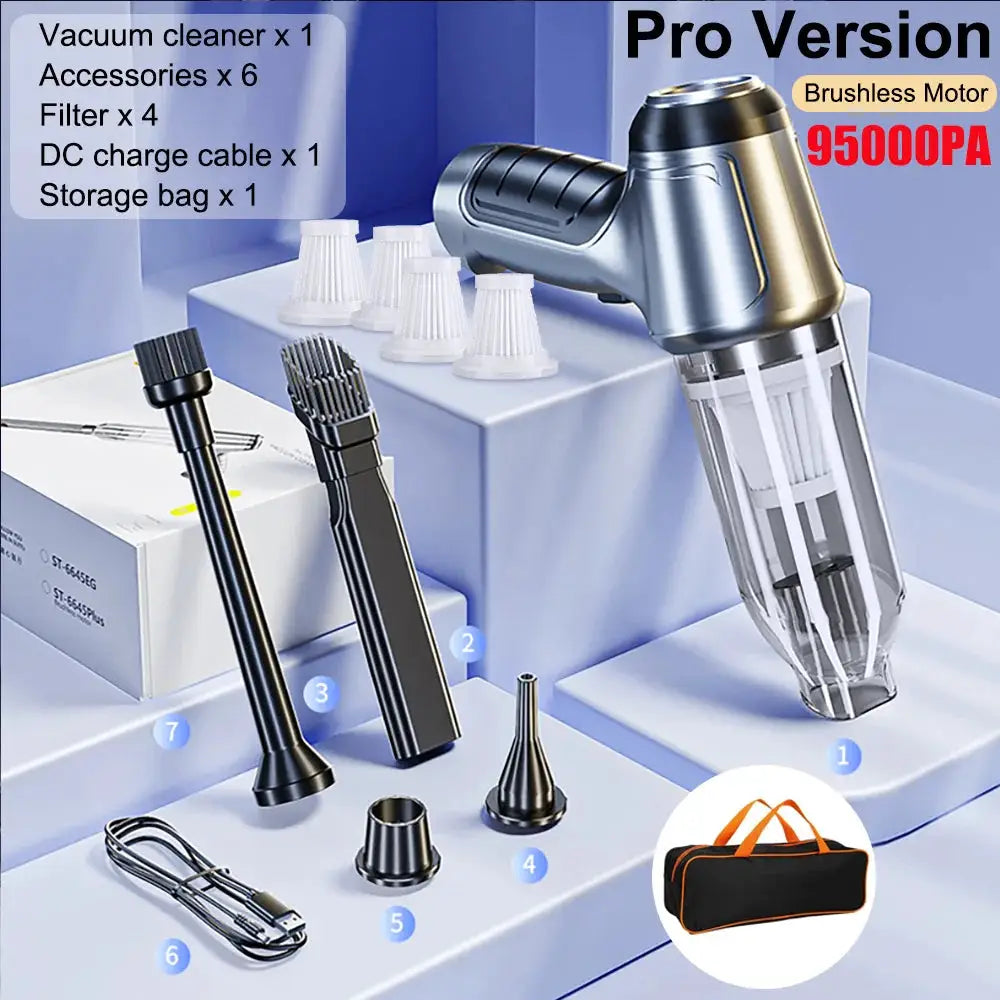 Car vacuum cleaner wireless 95000PA by Simples Market; handheld 2in1 blower/vacuum with 6 attachments and storage bag