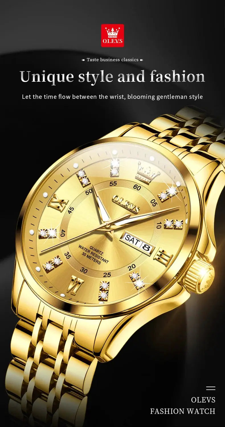 OLEVS 3620 gold-tone stainless steel men's quartz watch with date calendar