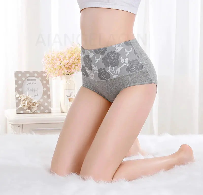 Women's high-waist seamless cotton panties with gray floral pattern, Simples Market