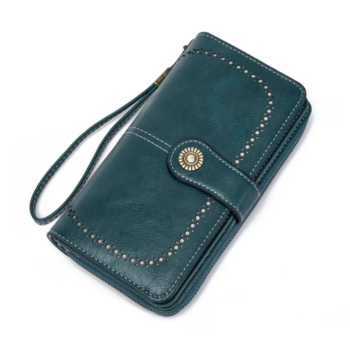 Leather long wallet clutch by Simples Market in teal with perforated trim and wrist strap