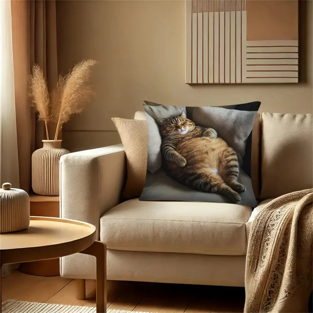Fat Cat Lying Down Print Pillowcase by Simples Market; gray cat image for living room decor