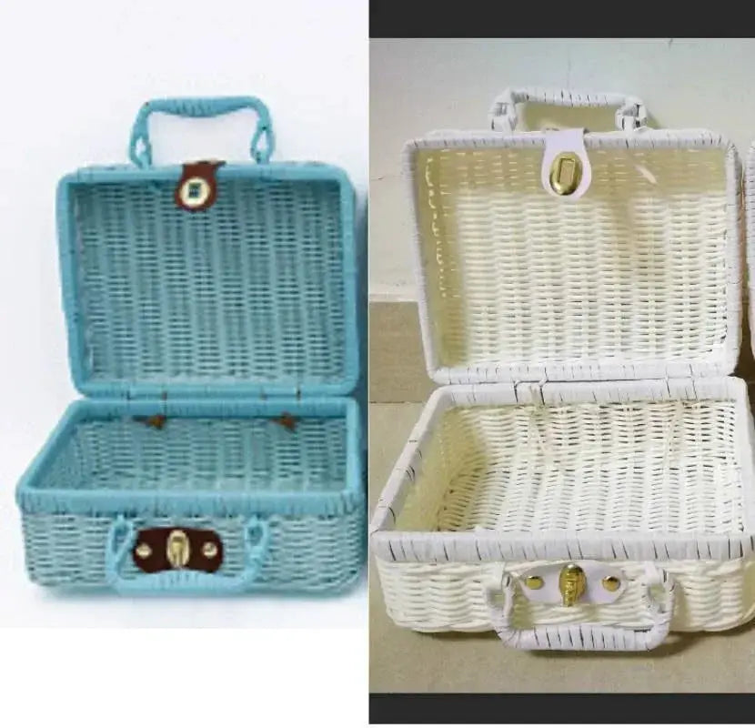 Rattan-like finishing box woven storage suitcase with handle turquoise blue and cream white two-piece set