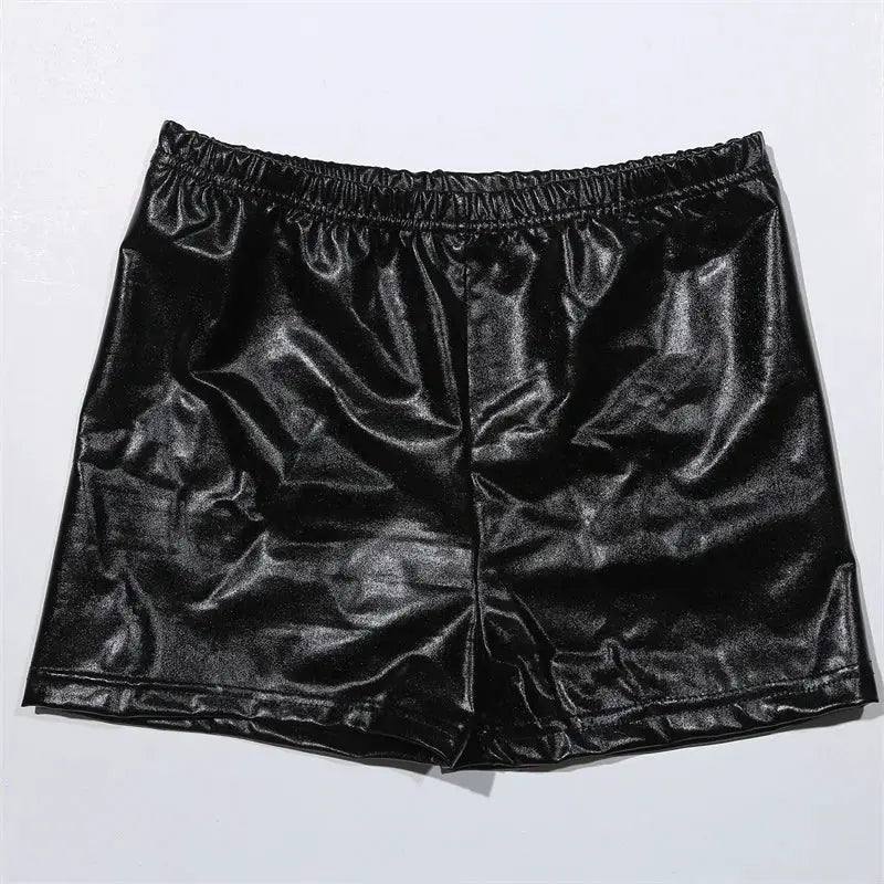 Women Yoga Shorts black shiny PU fabric with elastic waistband