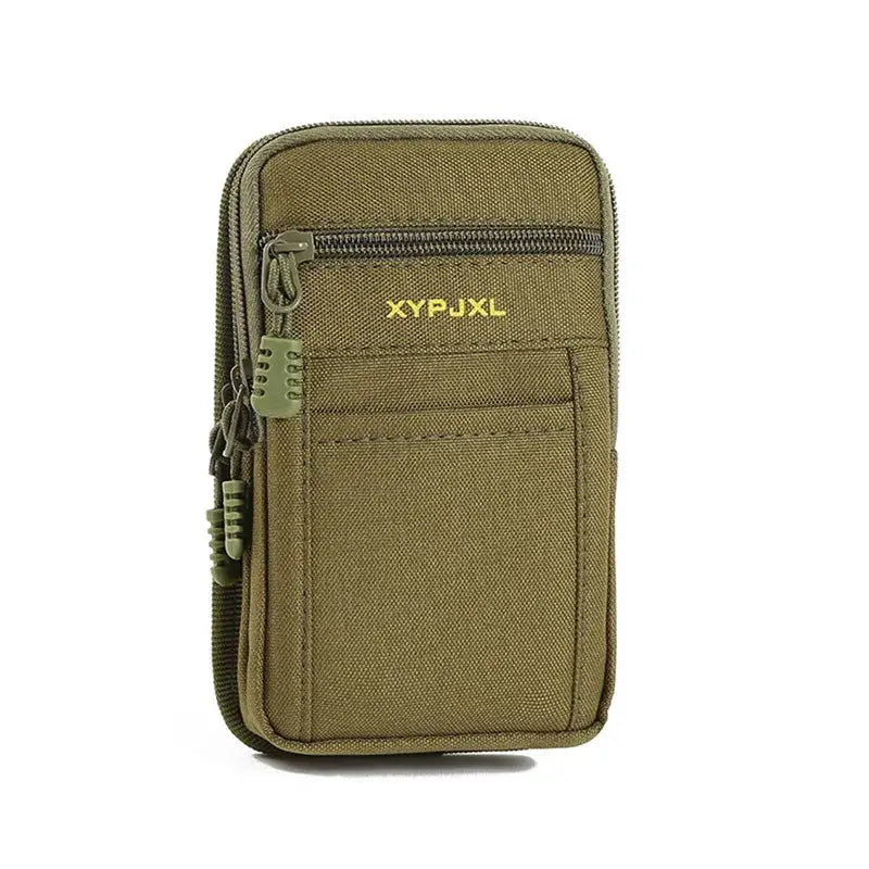 Men's waist pack pouch in olive green nylon with front pocket and zip compartments