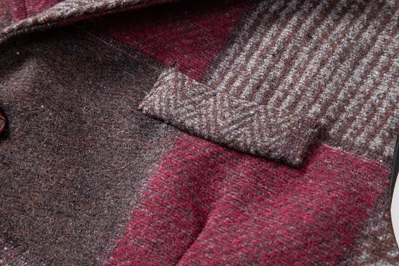 Green tweed plaid vest fabric with brown and burgundy herringbone weave.