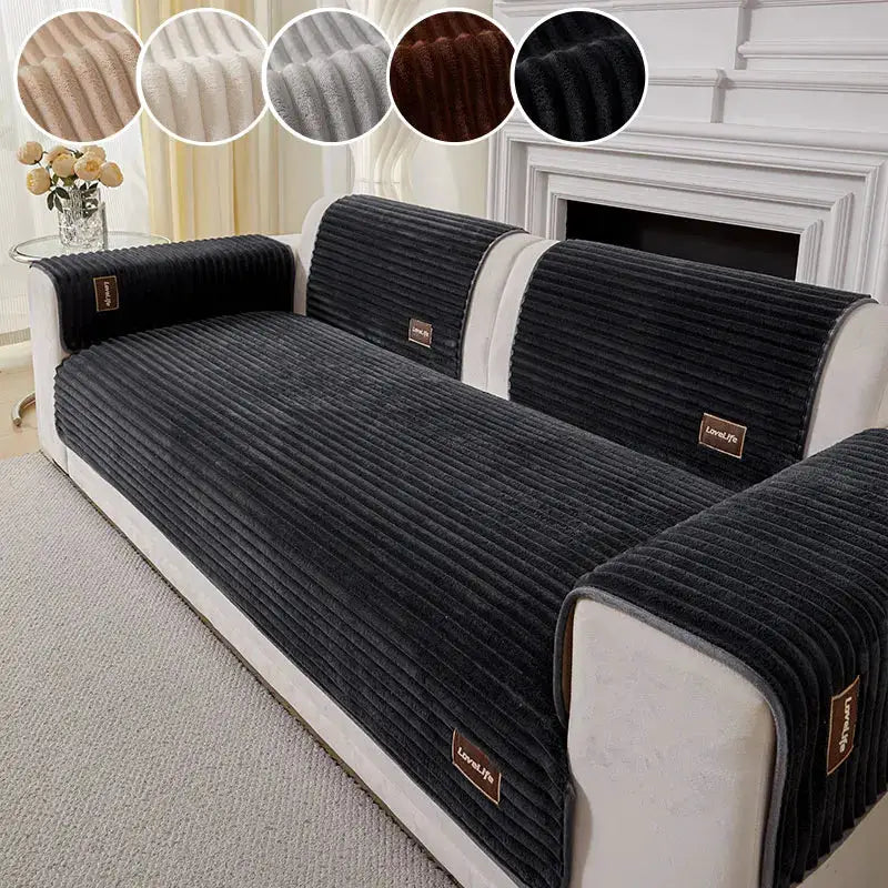 Sofa cushion by Simples Market in charcoal ribbed fabric; all-season, anti-slip, dustproof.