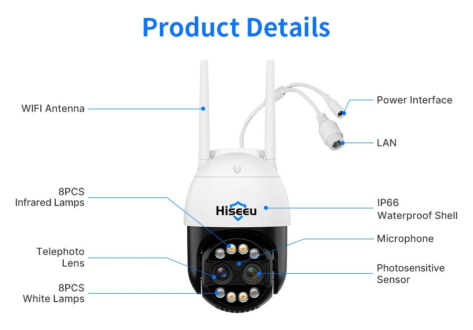 Hiseeu 4K 8MP dual-lens PTZ WiFi IP camera with IP66 waterproof shell and full-color night vision
