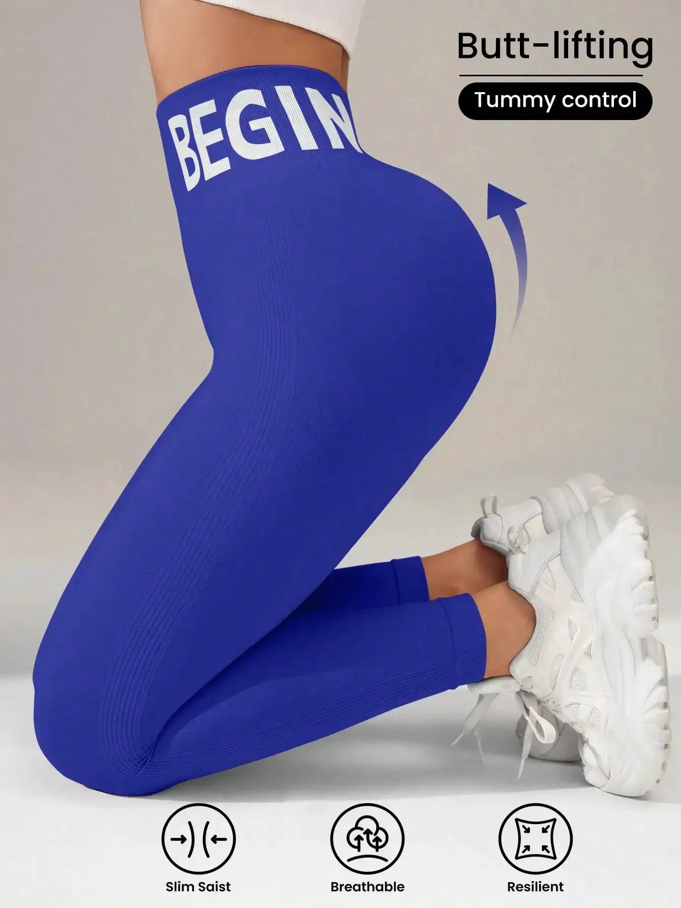 Seamless yoga leggings with waistband lettering, blue, butt-lifting, quick-dry breathable tights Simples Market