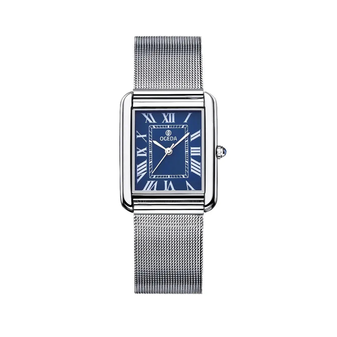 OGEDA stainless steel mesh watch with blue square dial, Roman numerals, polished silver case for him and her