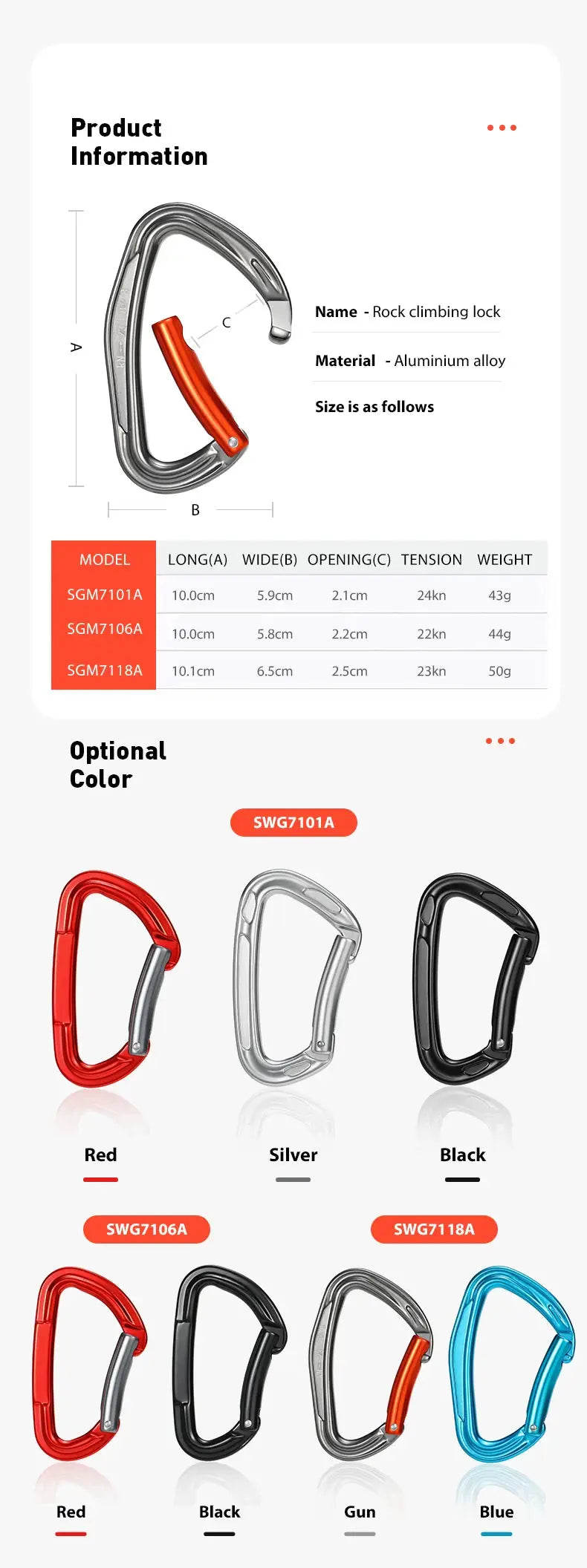 Climbing carabiner CLIWIZ SGM7118 curved D-type, 23kN, 7075 aluminum; UIAA/CE certified, Simples Market, multicolor