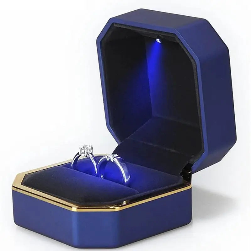 LED Jewelry Ring Box With Light Leather Exterior And Velvet Interior For Proposal Engagement Wedding Gift