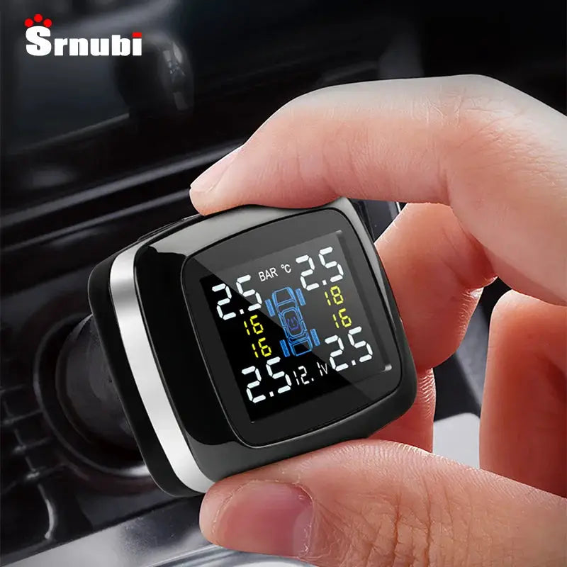 Srnubi car TPMS display unit; wireless cigarette-lighter style black square with tire pressure readouts