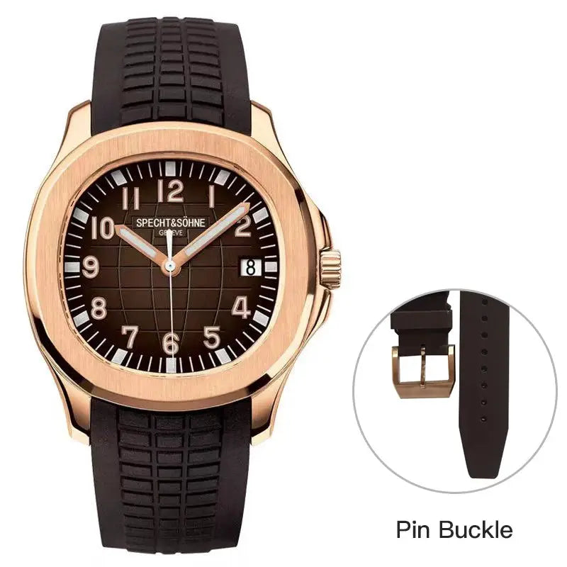 Specht&Söhne men's sports watch with rose-gold case, brown dial, black strap, date window