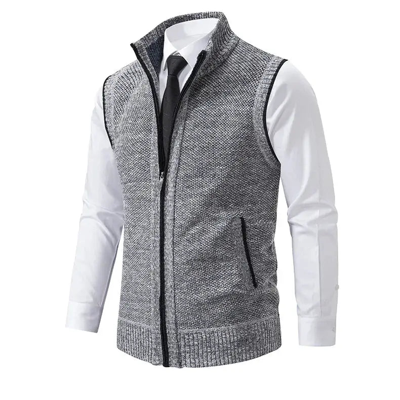 Men's gray knitted sleeveless zip cardigan vest with stand collar