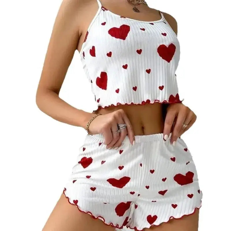 DreamNest Womens Knitted Pajama Set With Love Print And Delicate Strap Shorts Breathable White Homewear