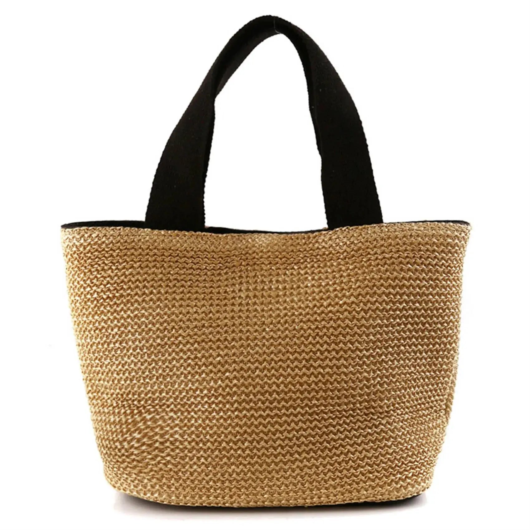 Straw woven tote bag with black top handles, casual beach-style handbag.