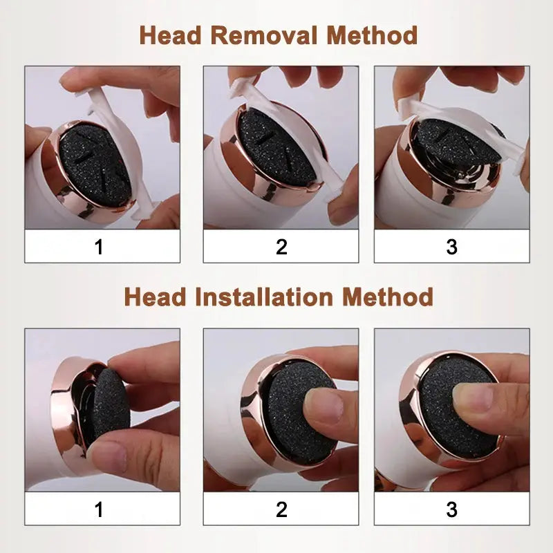 Electric pedicure tool by Simples Market; white body with rose-gold rim, 6-panel head removal and installation guide.