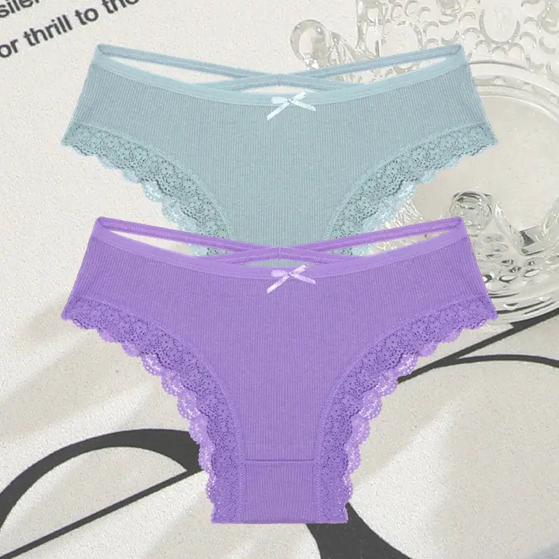 2-pack cotton lace Brazilian panties for women in blue and lavender with a low-rise fit from Simples Market