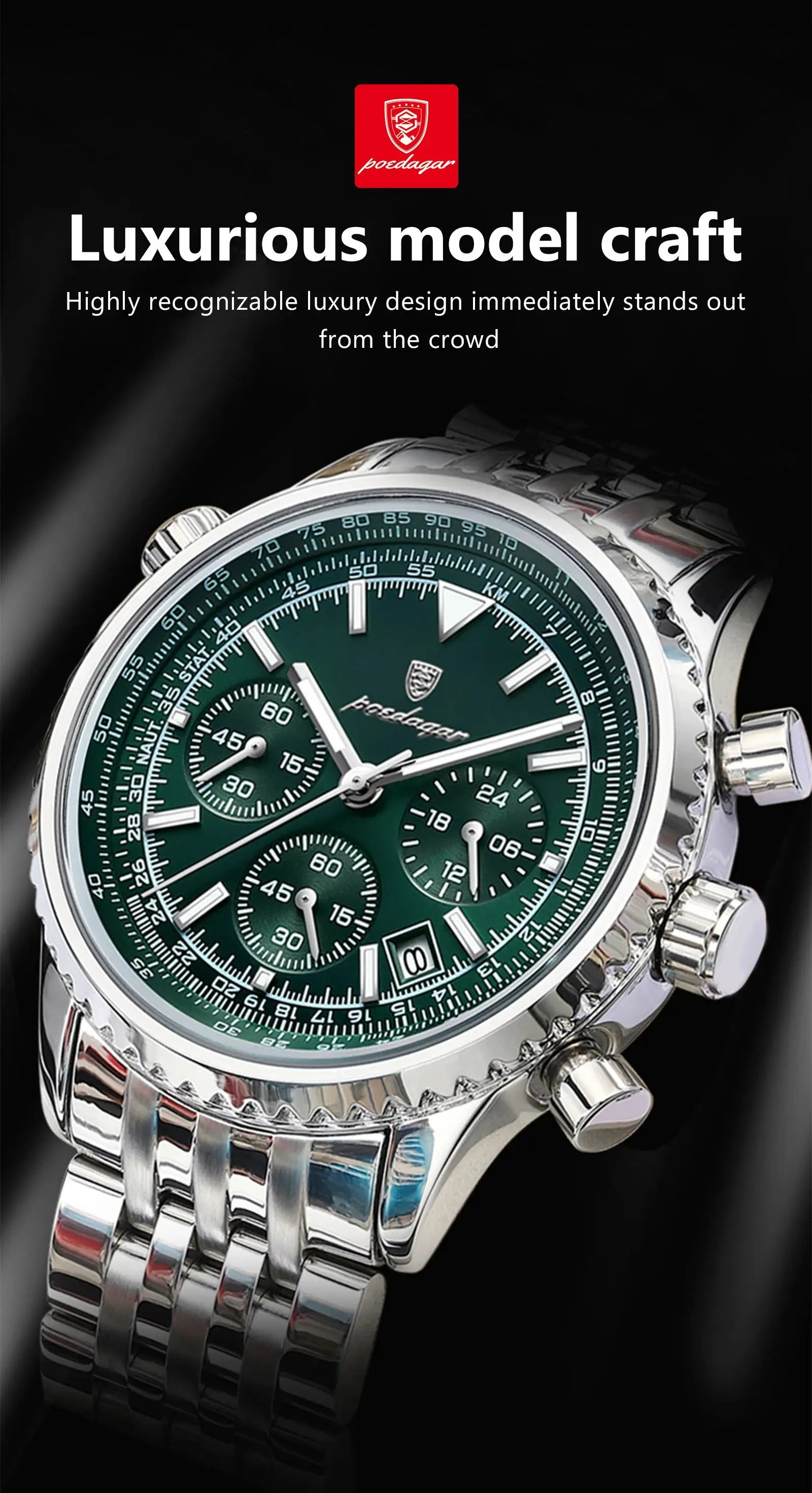 POEDAGAR men's luxury chronograph watch, stainless steel band, green dial, date function, luminous, waterproof.