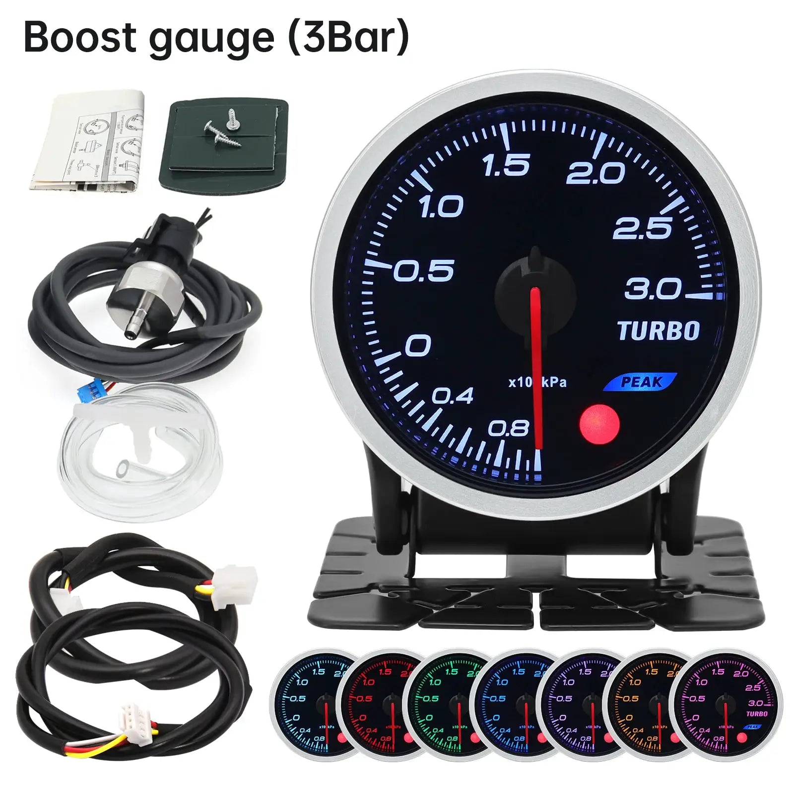 Simples Market universal 52mm 12V boost gauge kit with oil pressure and water temp, 8 color faces