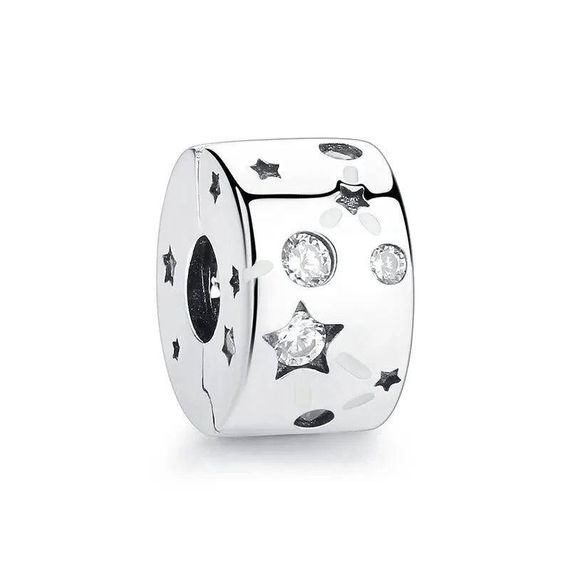 Sterling silver charm bead for bracelets with star shapes and zircon stones