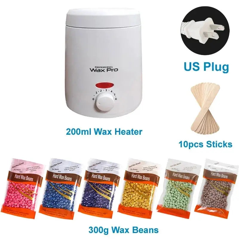 Simples Market white 200ml wax heater with US plug; includes six bags of hard wax beans and 10 wax sticks