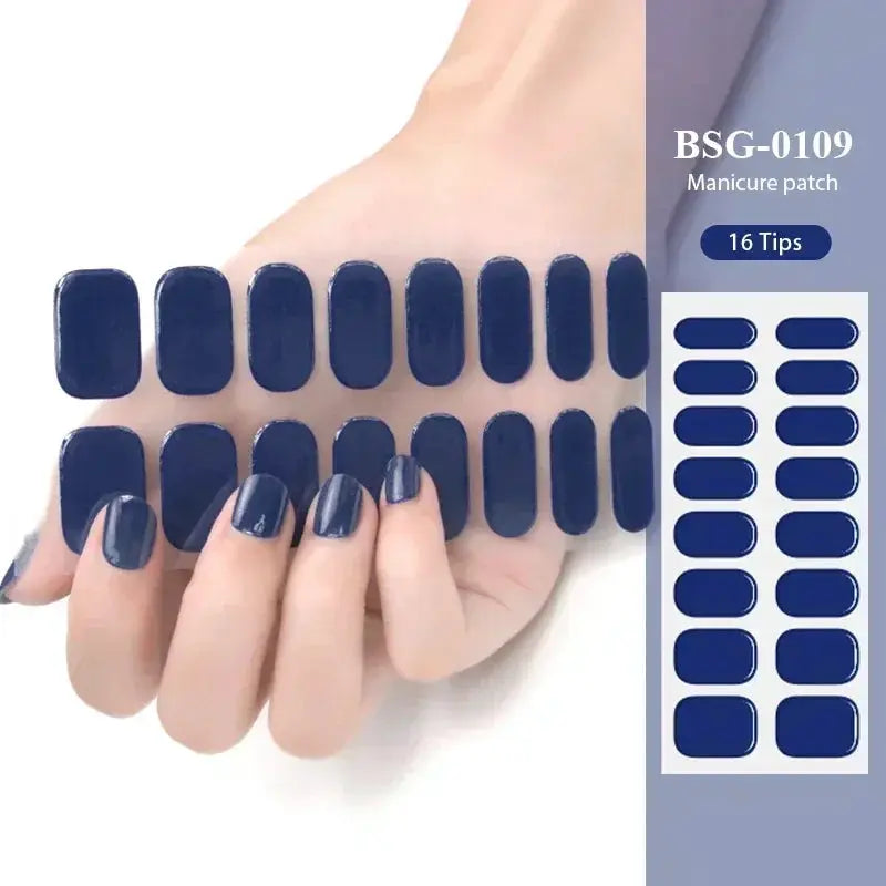 Gel nail wraps navy blue full-cover set by Simples Market, 16/20/22 tips, UV lamp ready.