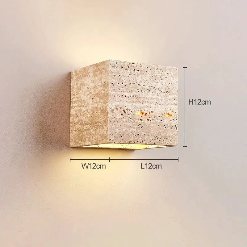 Wabi Sabi yellow travertine wall lamp, cube 12cm with warm LED glow by Simples Market