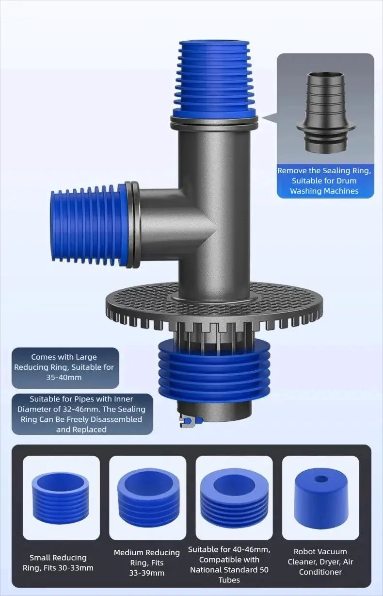 Simples Market universal washing machine floor drain 2-in-1 connector with blue hose adapters and removable sealing ring