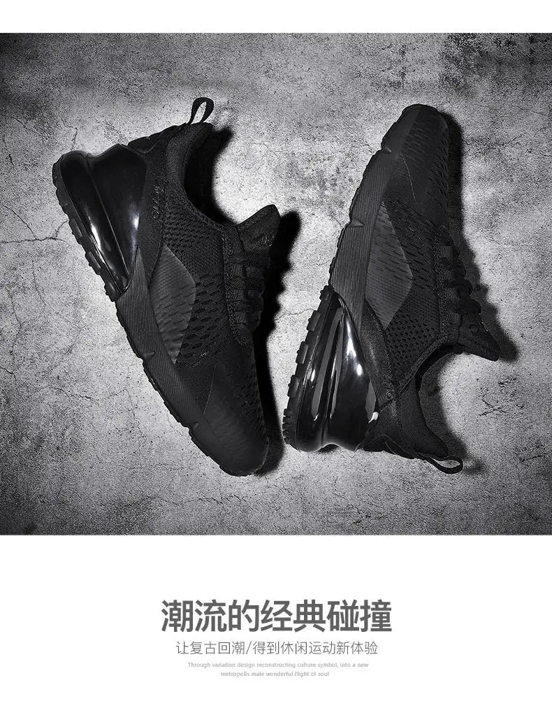 Pair of black outdoor jogging sneakers with breathable mesh upper and cushioned sole