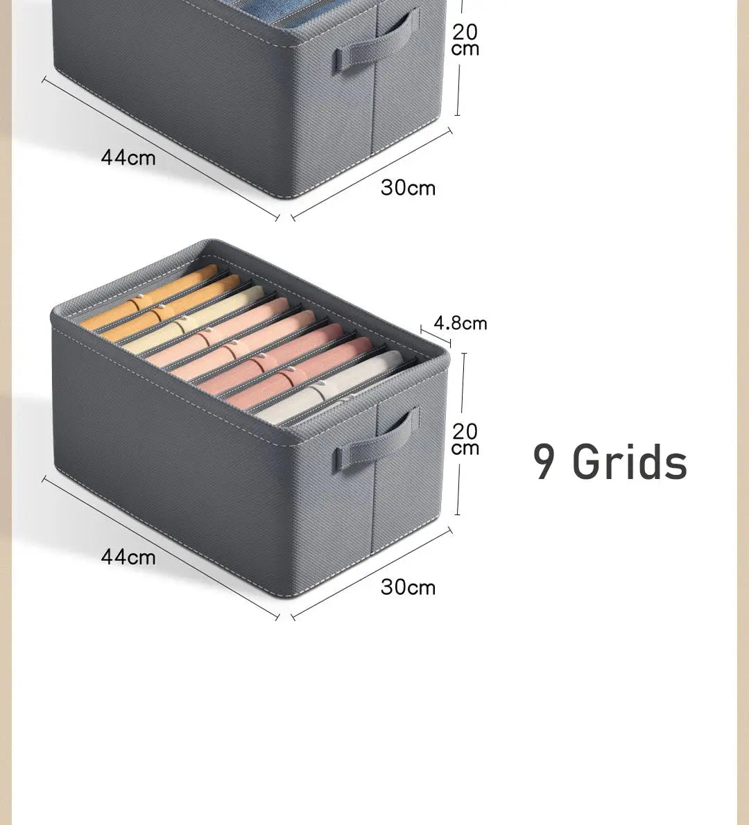 Simples Market gray foldable pants storage box with 9-grid organizer for jeans and shirts, 44x30x20 cm.