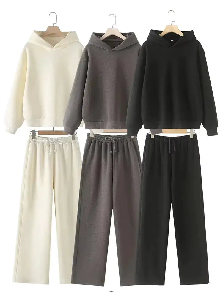 HH Women Solid Long Sleeve Hooded Fleece Pullover Pants Set Casual
