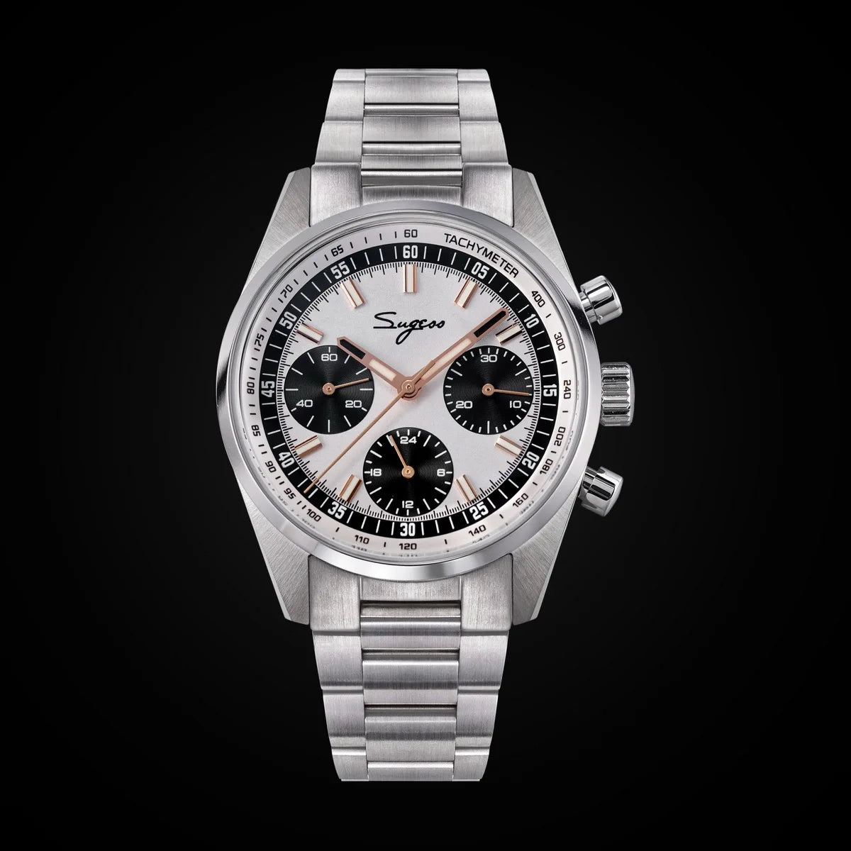 Sugess men's 38mm chronograph stainless steel watch with tachymeter bezel and white dial with black subdials