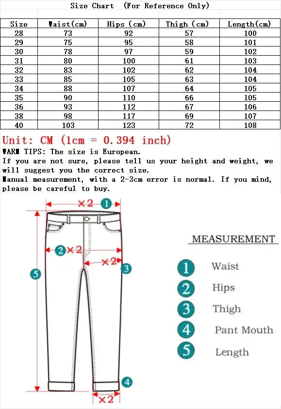 Men's stretch denim straight jeans with slim fit; includes size chart and measurement diagram