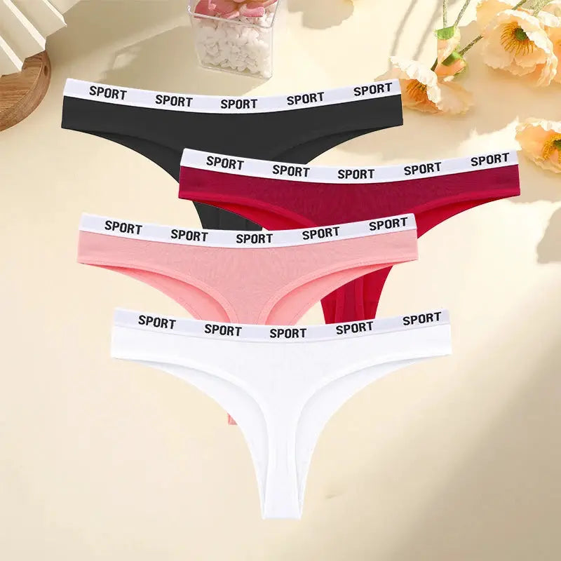 Women's cotton thong underwear 4-pack with SPORT waistband in black, burgundy, pink, white