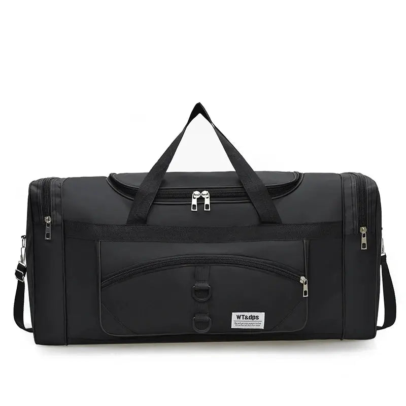 Oversized black duffel bag with dual top handles, multiple zip pockets and WT&dps label