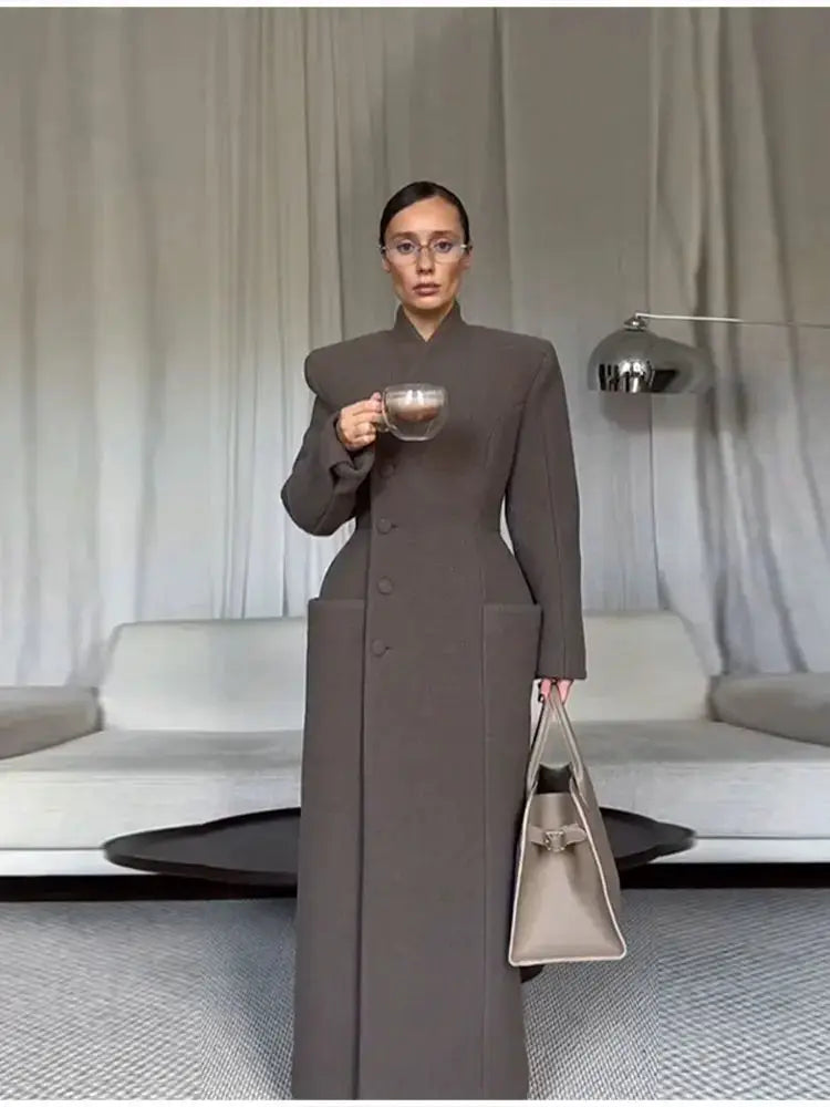 UrbanEdge Belted Long Coat With Slim V Neck And Shoulder Pads For Winter Comfort And Flattering Silhouette