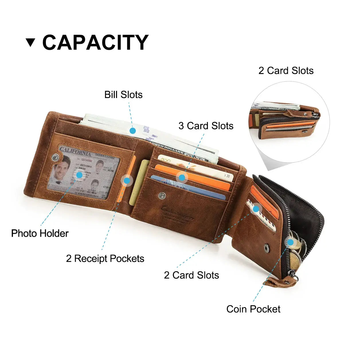 Genuine Crazy Horse leather men's brown trifold wallet with zip coin pocket by Simples Market