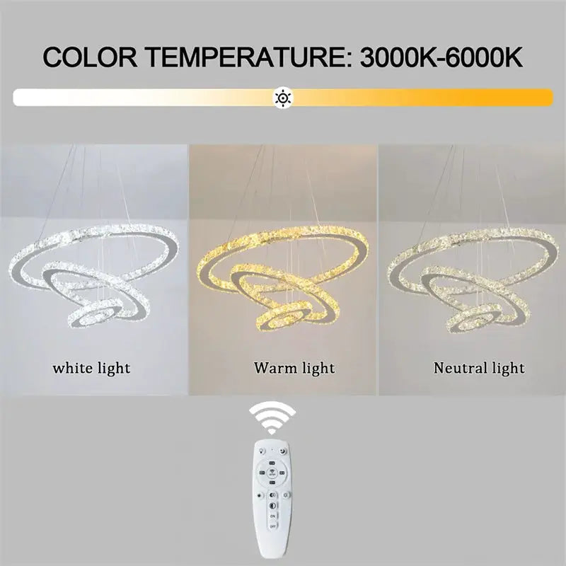 Modern crystal ring chandelier LED pendant light with remote, chrome finish, Simples Market, 3000K–6000K dimmable