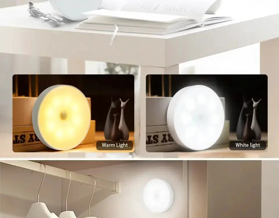 LED motion sensor night light 1/3pcs, Simples Market, USB rechargeable, round disk with warm or white light for cabinets