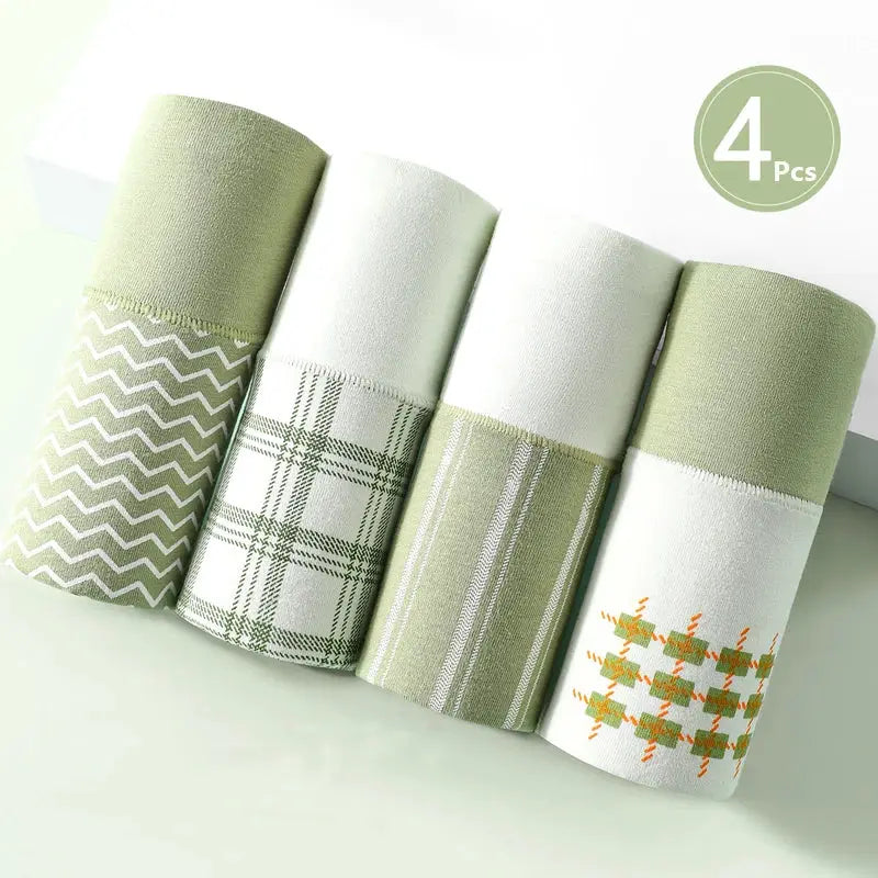 4Pcs cotton women's high-waist panties set in green and white printed patterns, Simples Market