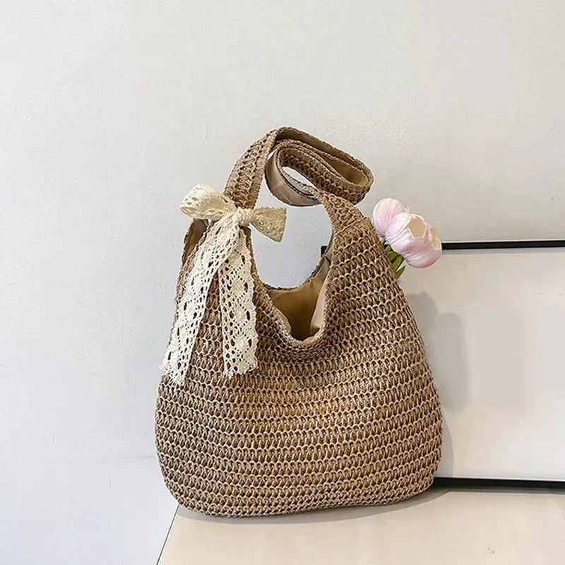 Fashion rattan women shoulder bag by Simples Market; brown woven straw tote with cream lace bow, large capacity.