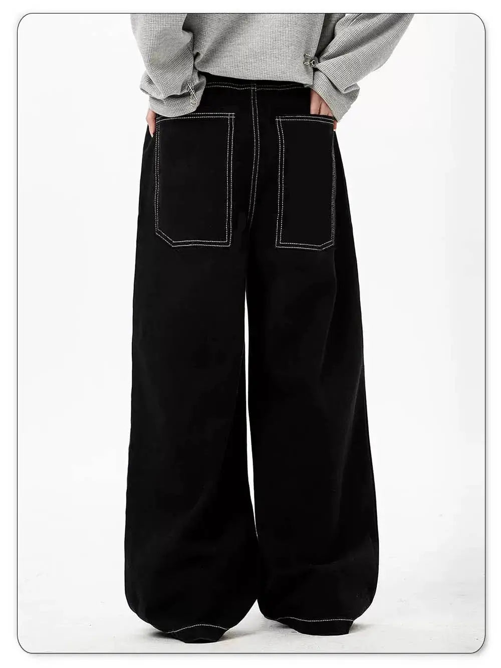 Simples Market black baggy wide-leg denim jeans with large back pockets and white contrast stitching